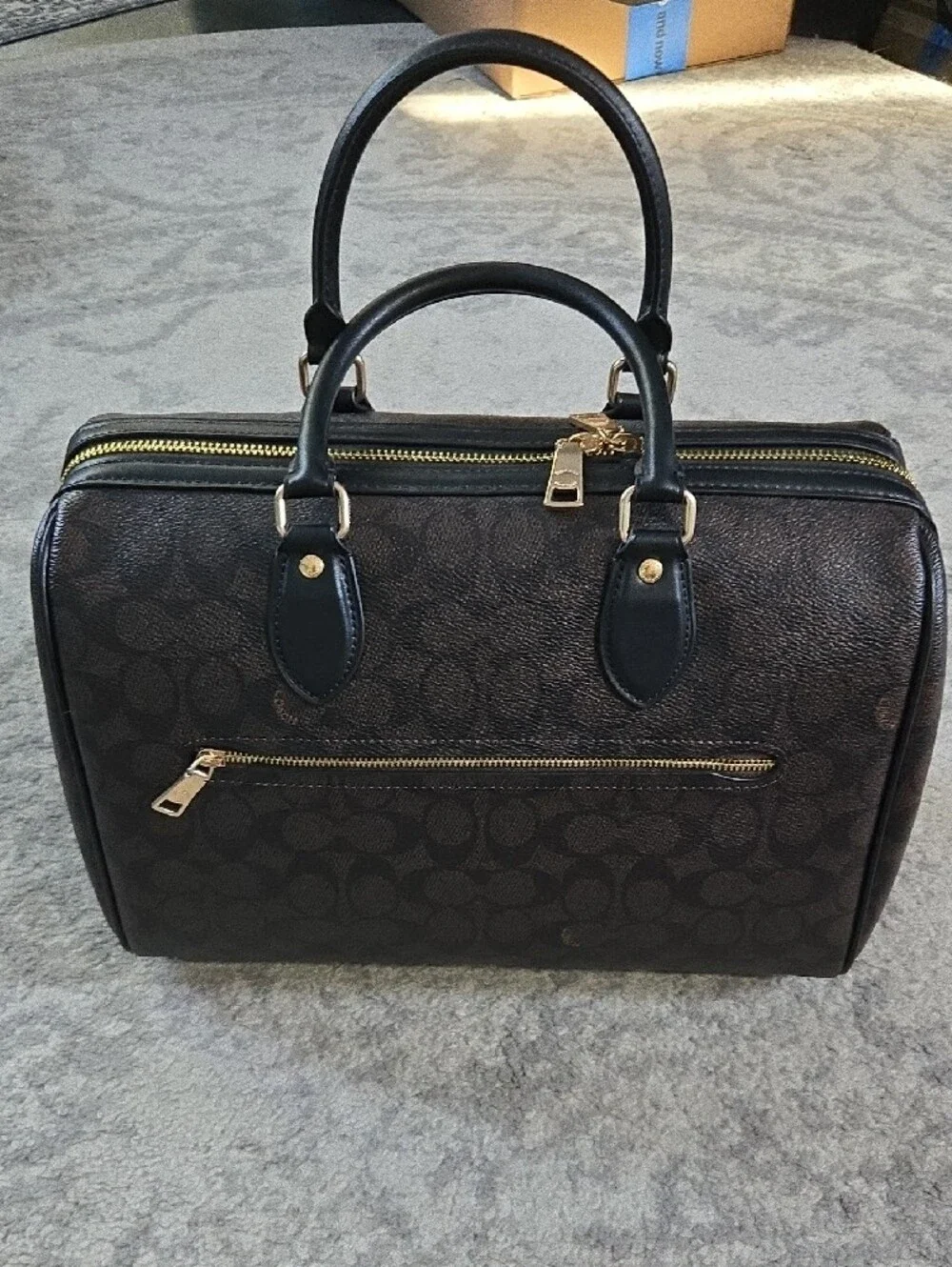 Coach Rowan Signature Black/Brown Canvas Large Satchel with Gold Hardware
